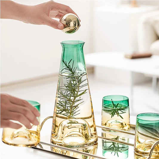 Luxury Glass Carafe and Glasses Set - Green & Yellow Shaded