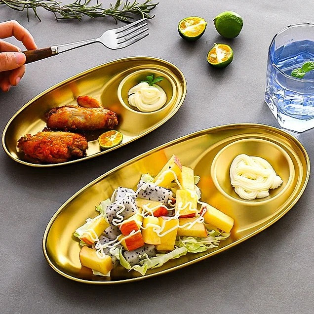 Gold Starter Snack Plate - Stainless Steel Chip & Dip Platter