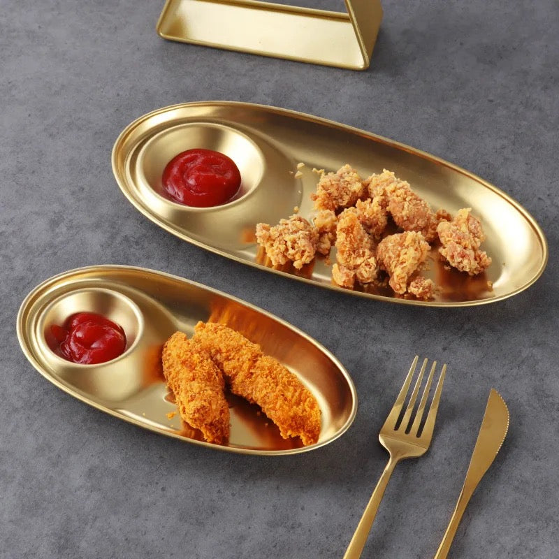 Gold Starter Snack Plate - Stainless Steel Chip & Dip Platter