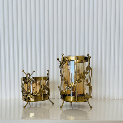 Amber Glass Hurricanes with Metal Vases - Set of 2