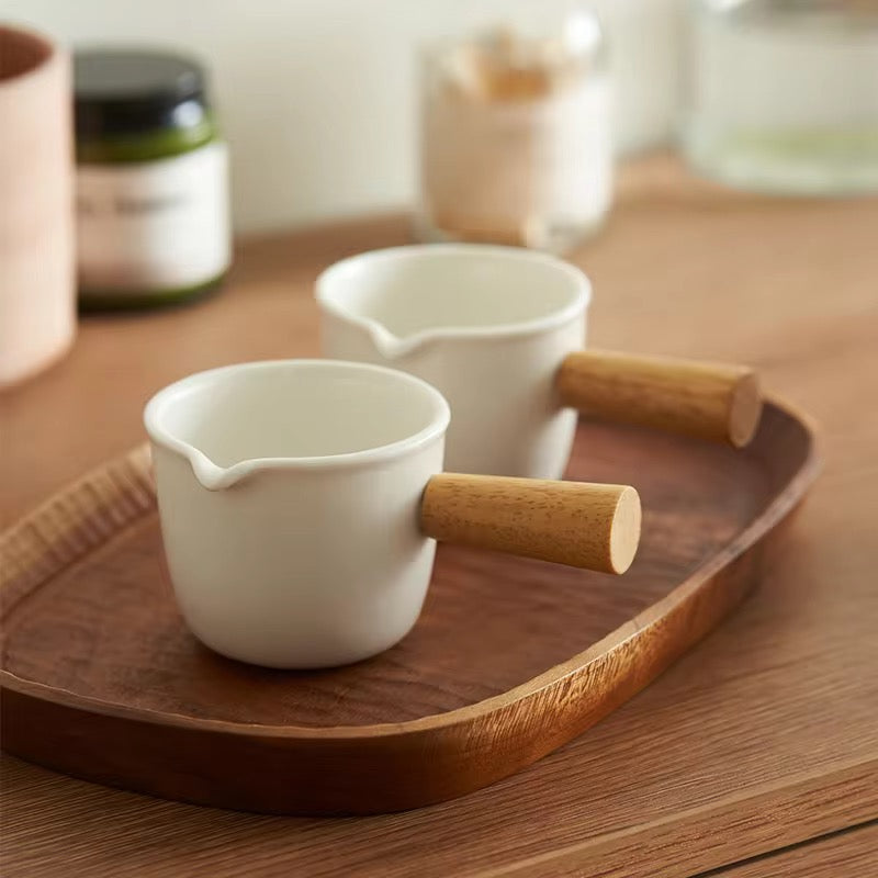 White Ceramic Creamer Jar with Wooden Handle | Mini Sauce Pouring Pitcher Jug | Milk, Coffee Frothing, Syrups & Gravy Jug (90 ml)