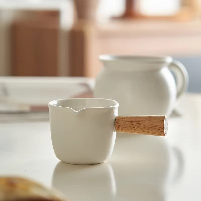 White Ceramic Creamer Jar with Wooden Handle | Mini Sauce Pouring Pitcher Jug | Milk, Coffee Frothing, Syrups & Gravy Jug (90 ml)