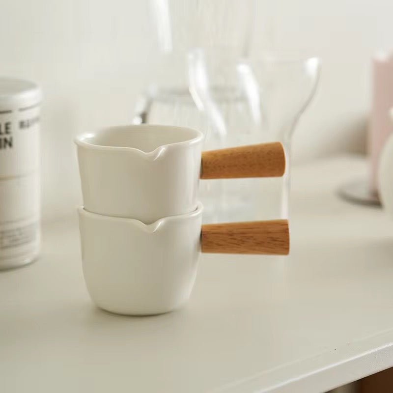 White Ceramic Creamer Jar with Wooden Handle | Mini Sauce Pouring Pitcher Jug | Milk, Coffee Frothing, Syrups & Gravy Jug (90 ml)