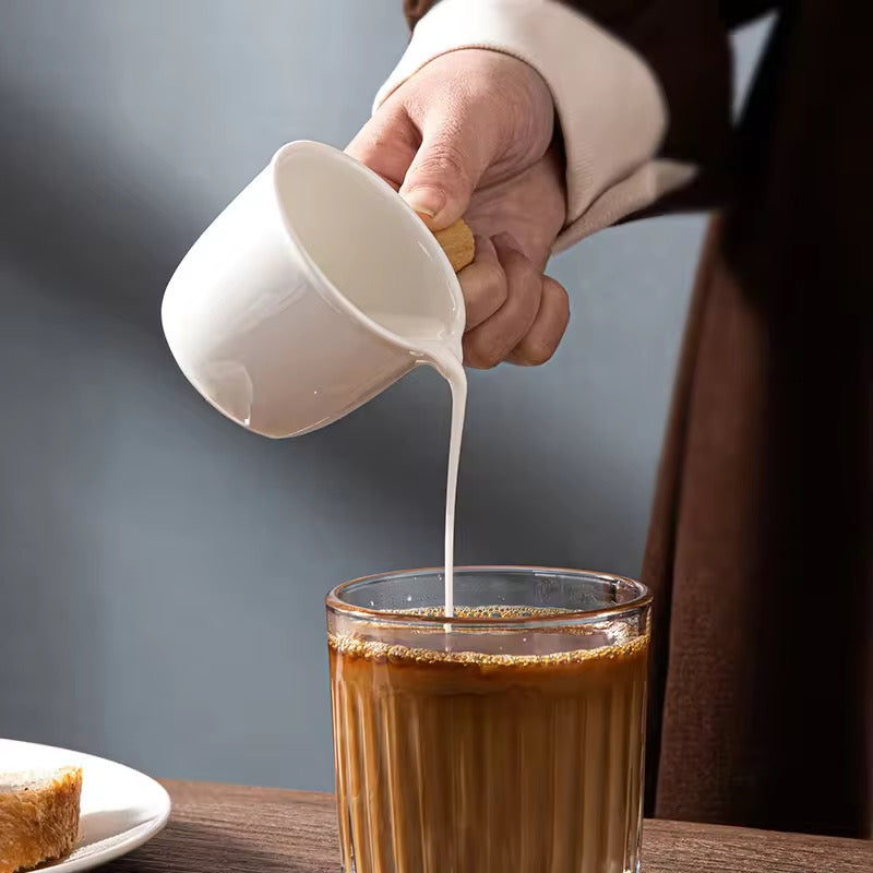 White Ceramic Creamer Jar with Wooden Handle | Mini Sauce Pouring Pitcher Jug | Milk, Coffee Frothing, Syrups & Gravy Jug (90 ml)