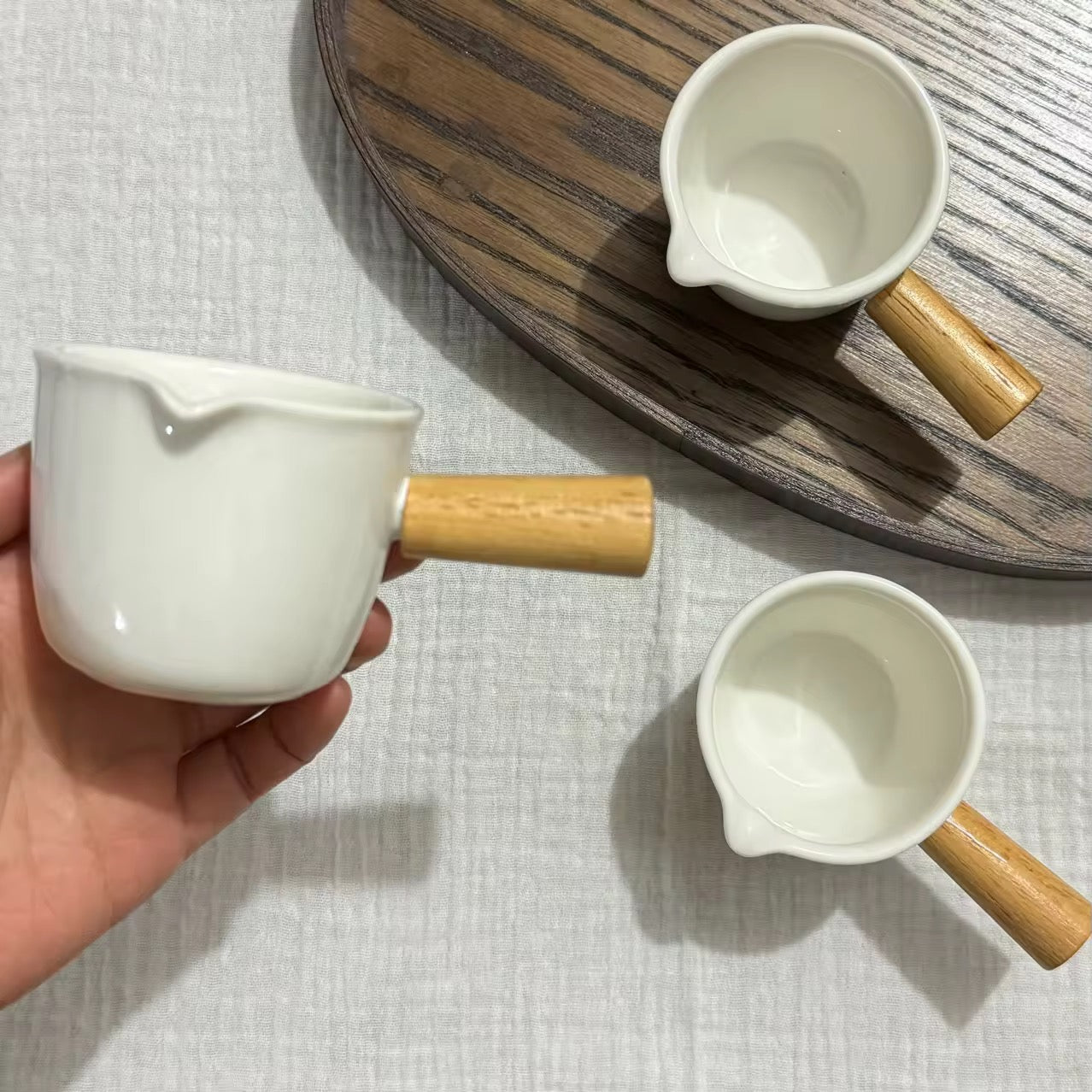 White Ceramic Creamer Jar with Wooden Handle | Mini Sauce Pouring Pitcher Jug | Milk, Coffee Frothing, Syrups & Gravy Jug (90 ml)