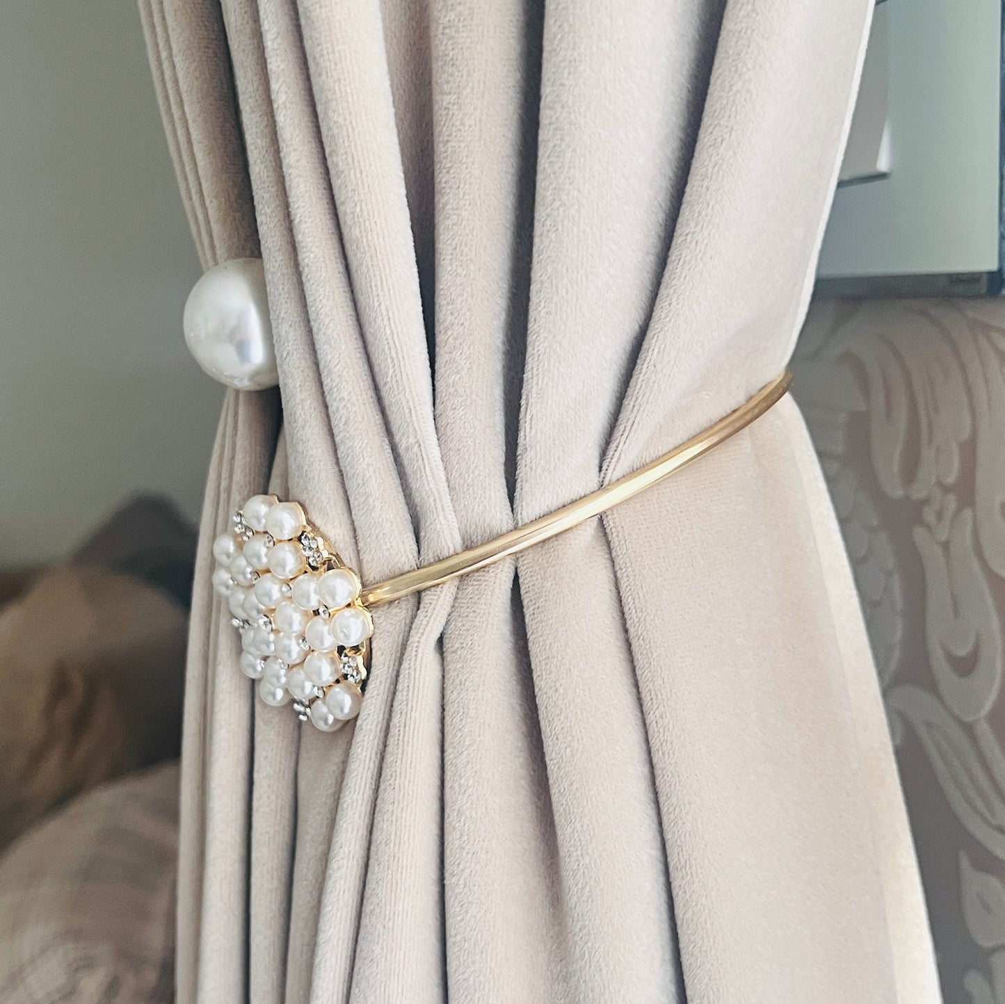 Luxury Gold Curtain Tieback Ring – Pearl & Stone Embellishments - 1 Piece