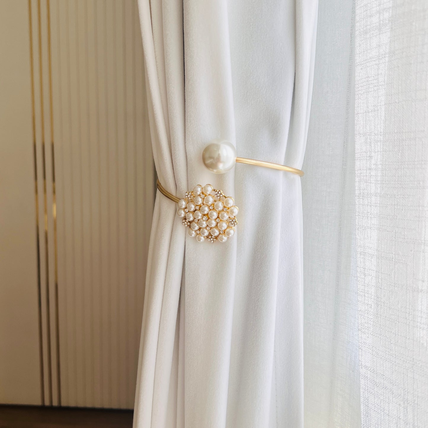 Luxury Gold Curtain Tieback Ring – Pearl & Stone Embellishments - 1 Piece