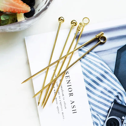 Set of 6 Gold Cocktail Metal Picks & Skewers - Stainless Steel