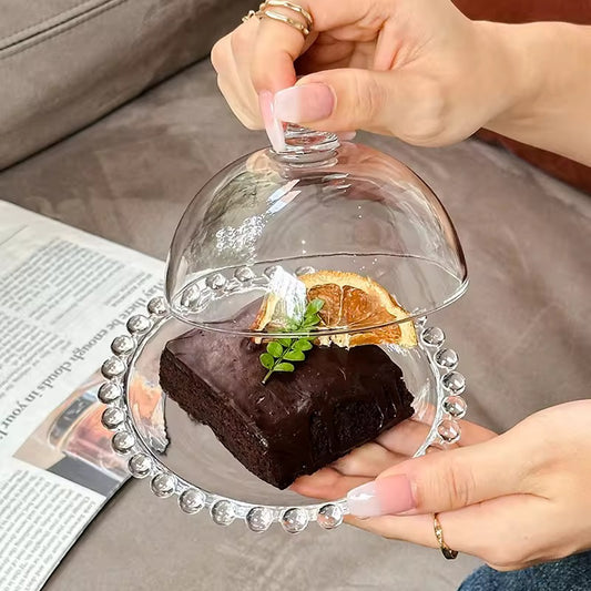 Glass Dessert Plate with Cloche Dome – Plain design with Heart border - 5.5 Inch