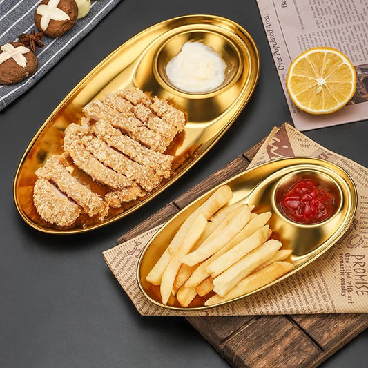 Gold Starter Snack Plate - Stainless Steel Chip & Dip Platter