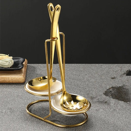 Serving Spoon Stand with Ceramic Bowls - Double - Gold