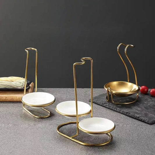 Serving Spoon Stand with Ceramic Bowls - Double - Gold