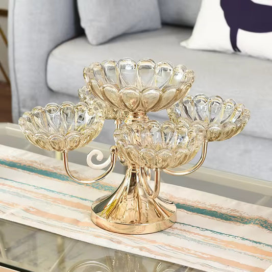 5-Bowl Glass Serving Stand with Gold Metal Frame | 2-Tier Buffet Server