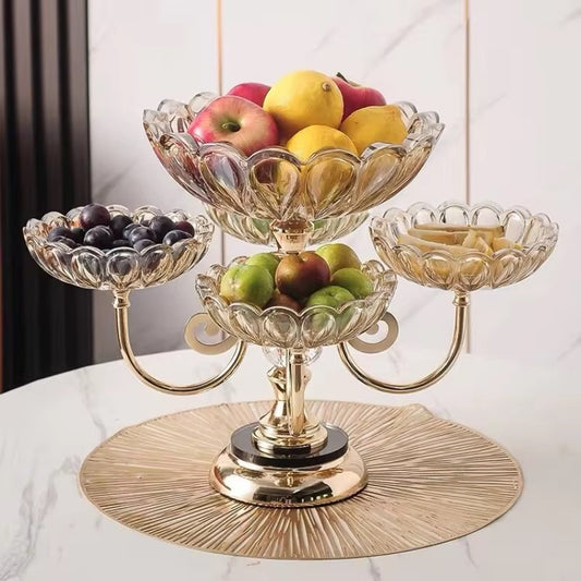 5-Bowl Glass Serving Stand with Gold Metal Frame | 2-Tier Buffet Server