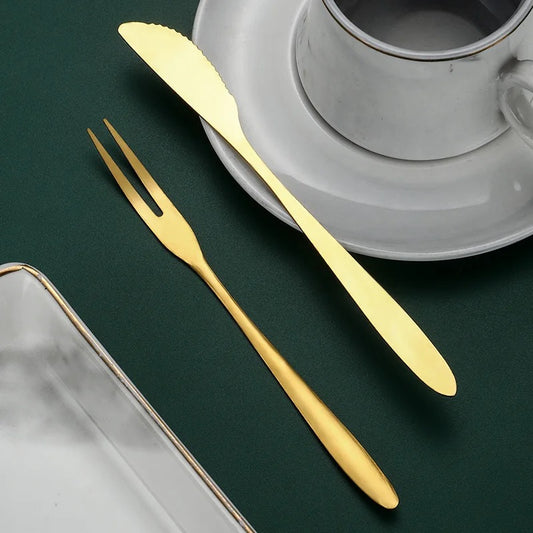 Dessert Knife and Fork Set - Set of 4 - Gold Stainless Steel