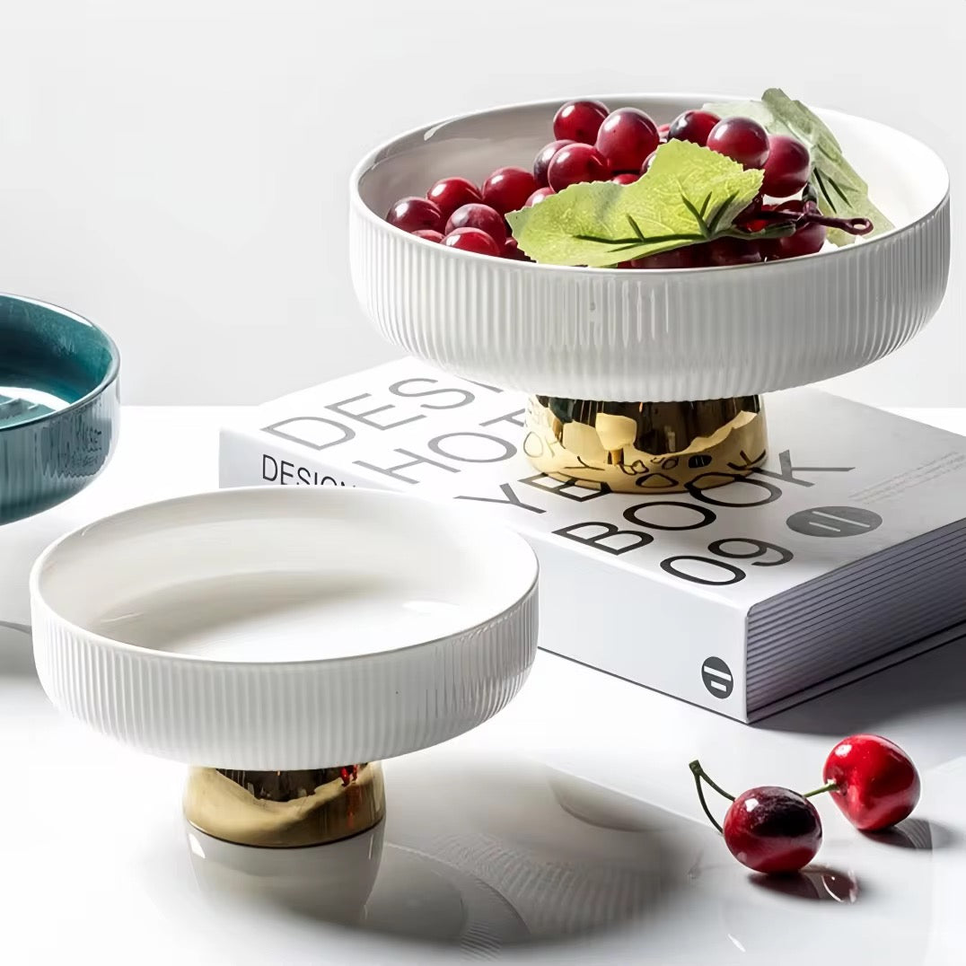 Luxury White Porcelain Footed Bowl with Gold Stand | High-End Fruit & Candy Bowl | Available in 2 Szes