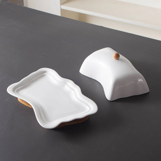 Butterfly-Inspired Porcelain Butter Dish with Detachable Wooden Base