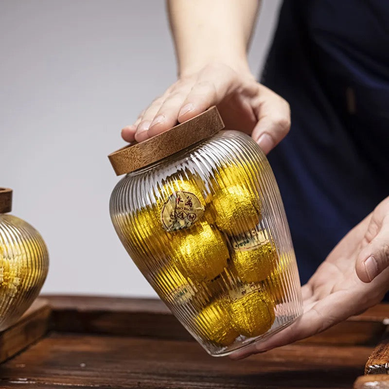 Borosilicate Glass Jars with Wooden Lid - Pillar Ribbed Jar