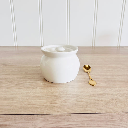 White Ceramic Ghee Pot with Lid & Gold Spoon – 420ml Luxury Kitchen Jar