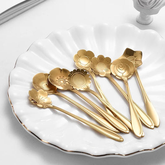 Set of 8 Gold Flower Dessert Spoons