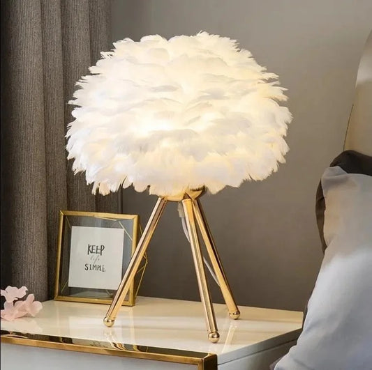 Luxury White & Gold Faux Ostrich Feather Table Lamp - Tripod Design