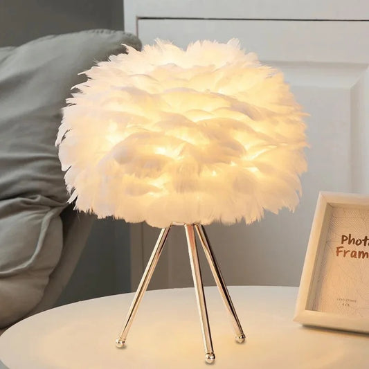 Luxury White & Gold Faux Ostrich Feather Table Lamp - Tripod Design