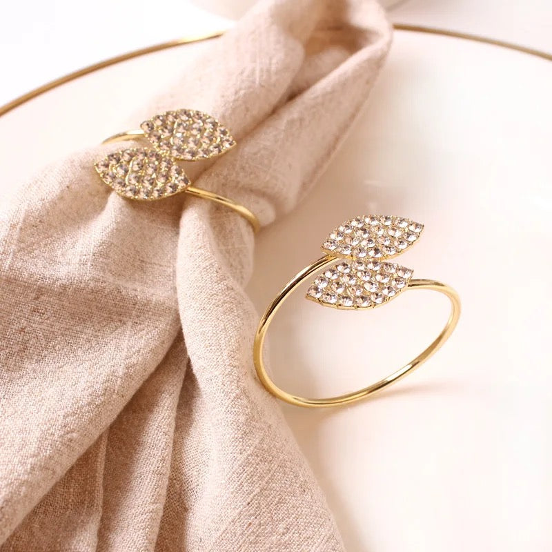 Metal Napkin Rings - Sleek Gold leaf with Stonework – (Set of 4/6/8) Elegant & Classy Design, Perfect for Gifting