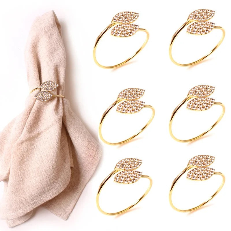 Metal Napkin Rings - Sleek Gold leaf with Stonework – (Set of 4/6/8) Elegant & Classy Design, Perfect for Gifting