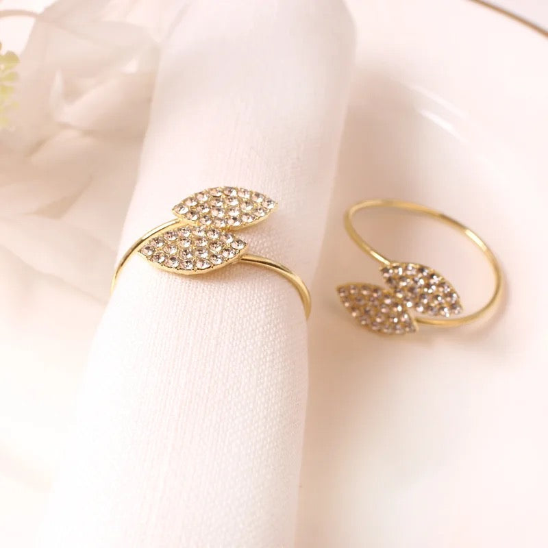 Metal Napkin Rings - Sleek Gold leaf with Stonework – (Set of 4/6/8) Elegant & Classy Design, Perfect for Gifting