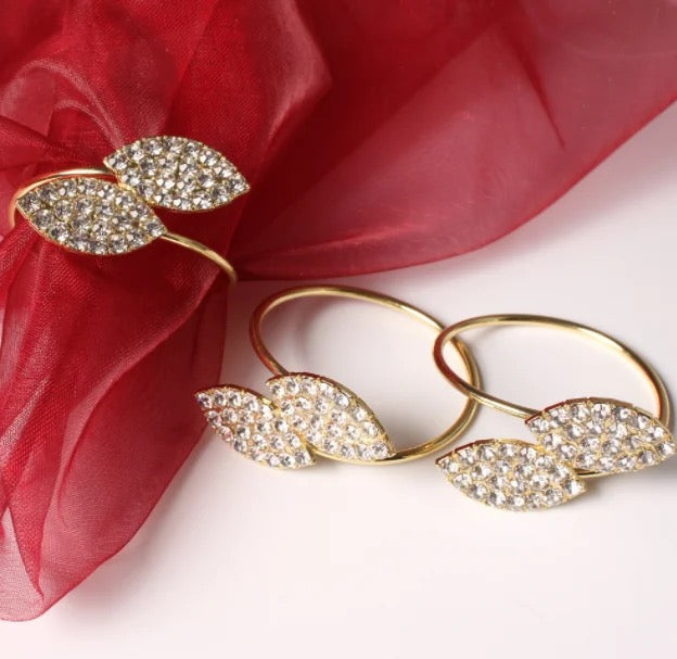 Metal Napkin Rings - Sleek Gold leaf with Stonework – (Set of 4/6/8) Elegant & Classy Design, Perfect for Gifting