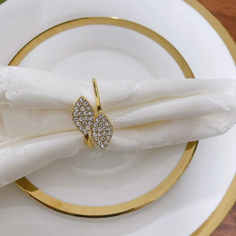 Metal Napkin Rings - Sleek Gold leaf with Stonework – (Set of 4/6/8) Elegant & Classy Design, Perfect for Gifting