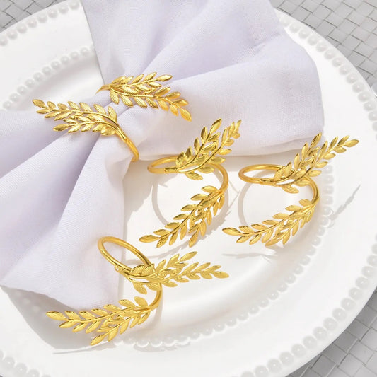 Gold Napkin Rings – Leaf Design - Set of 4, 6, or 8 (Elegant Metal Napkin Holders for Table Decor)