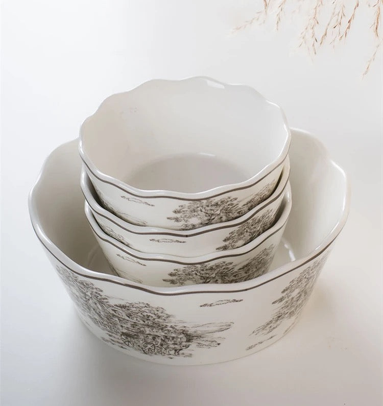 White Victorian Serving Bowl with Grey Vintage Print - 7 inch