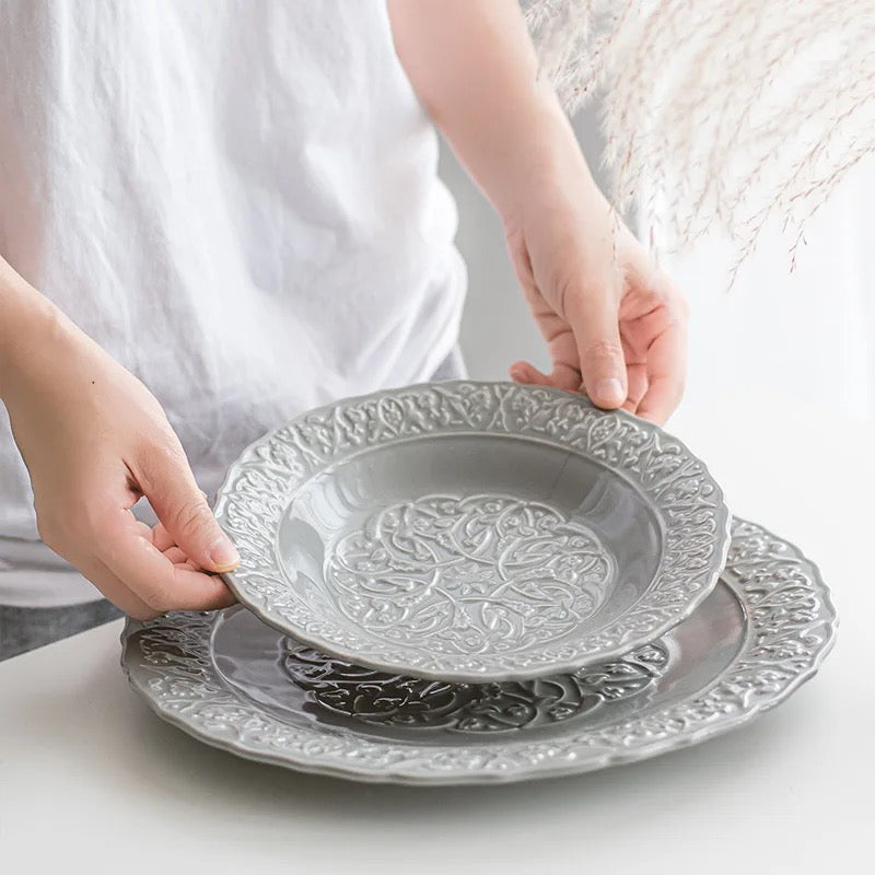 Deep Pasta & Soup Plate- Grey - 8 Inch - European Embossed Ceramic Series