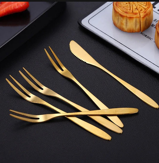 Dessert Knife and Fork Set - Set of 4 - Gold Stainless Steel