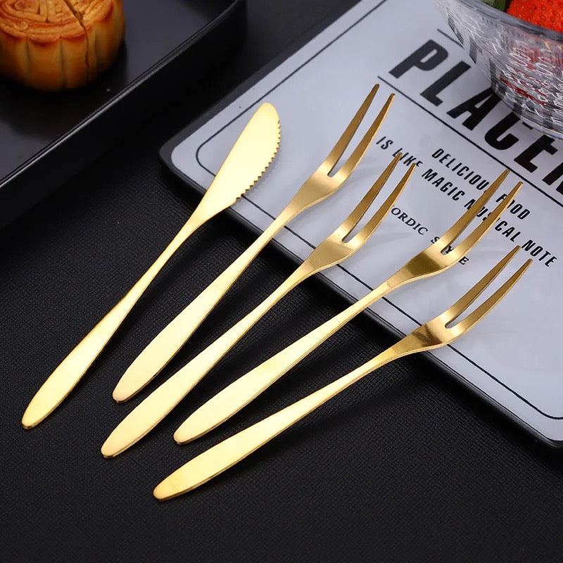 Dessert Knife and Fork Set - Set of 4 - Gold Stainless Steel