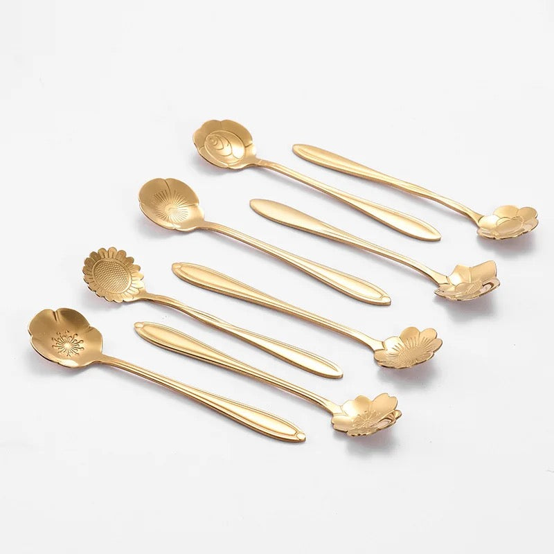 Set of 8 Gold Flower Dessert Spoons