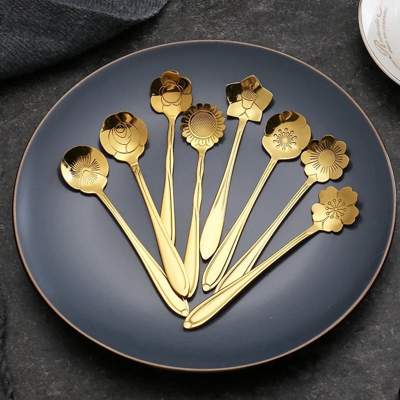 Set of 8 Gold Flower Dessert Spoons