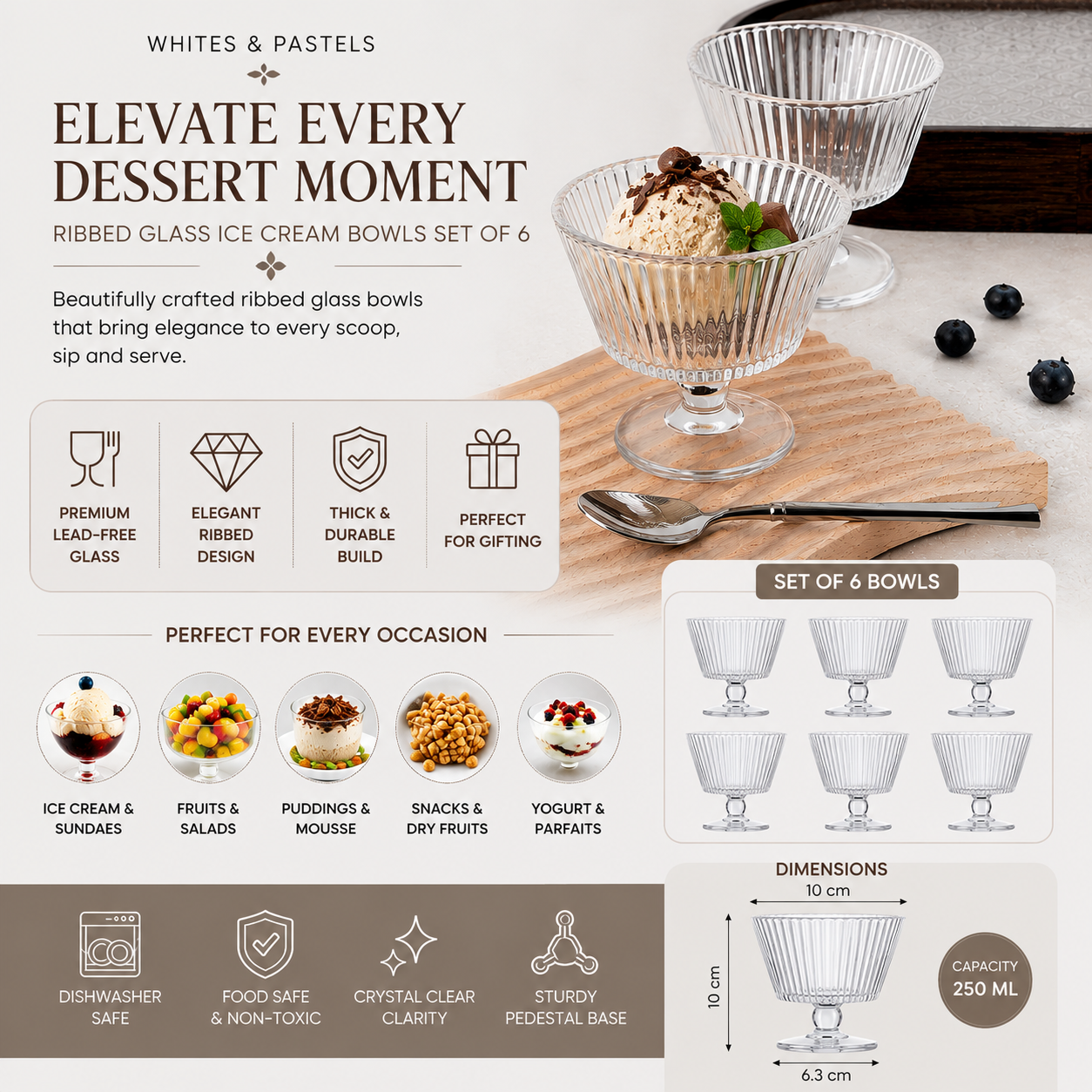 Crystal clear ribbed glass bowls for serving desserts, fruits and puddings