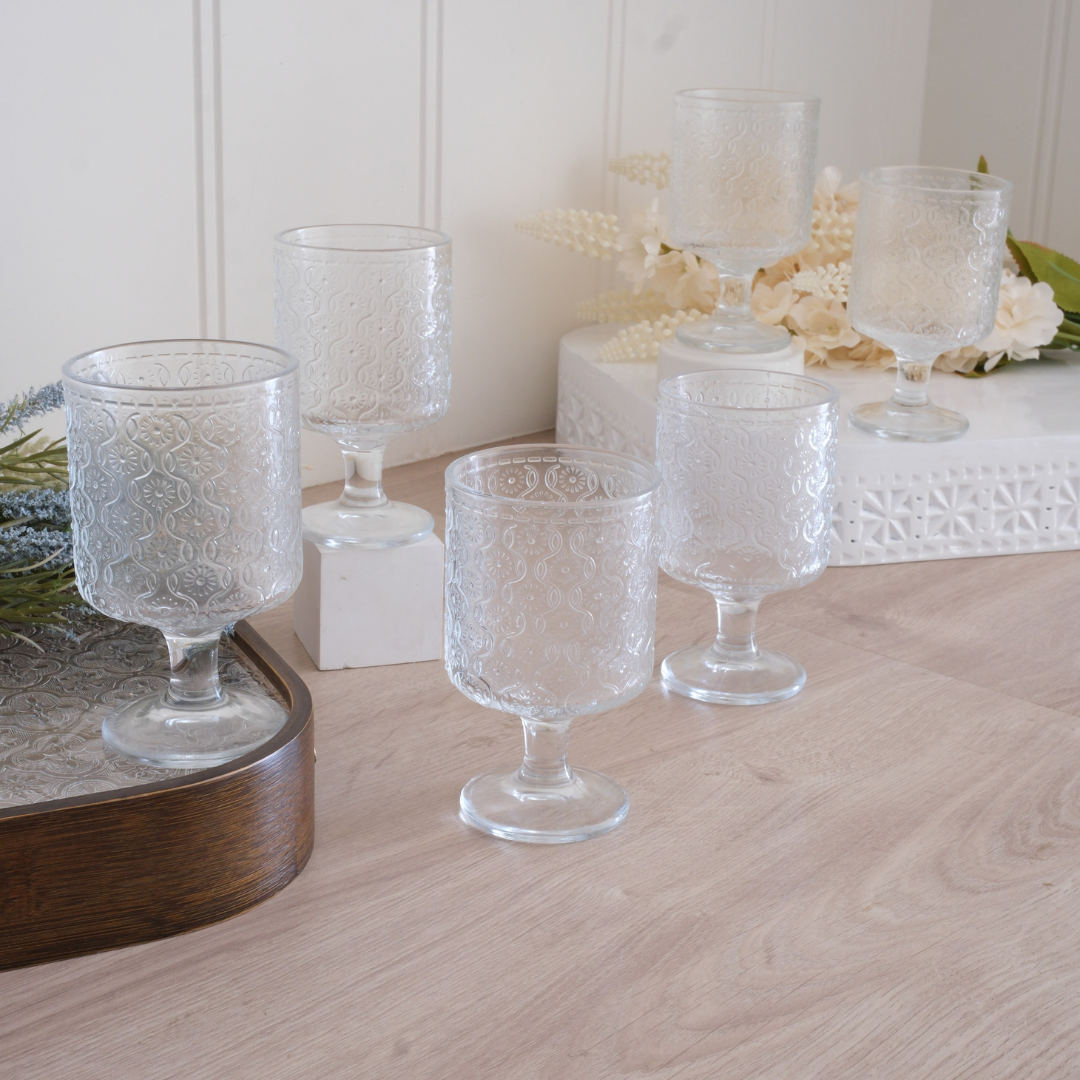 Thick lead-free glass juice glasses with vintage floral embossed pattern