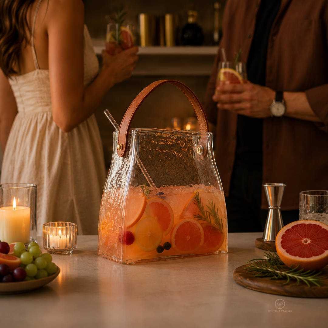 Luxury glass beverage jar with hammered texture and premium leather handle.