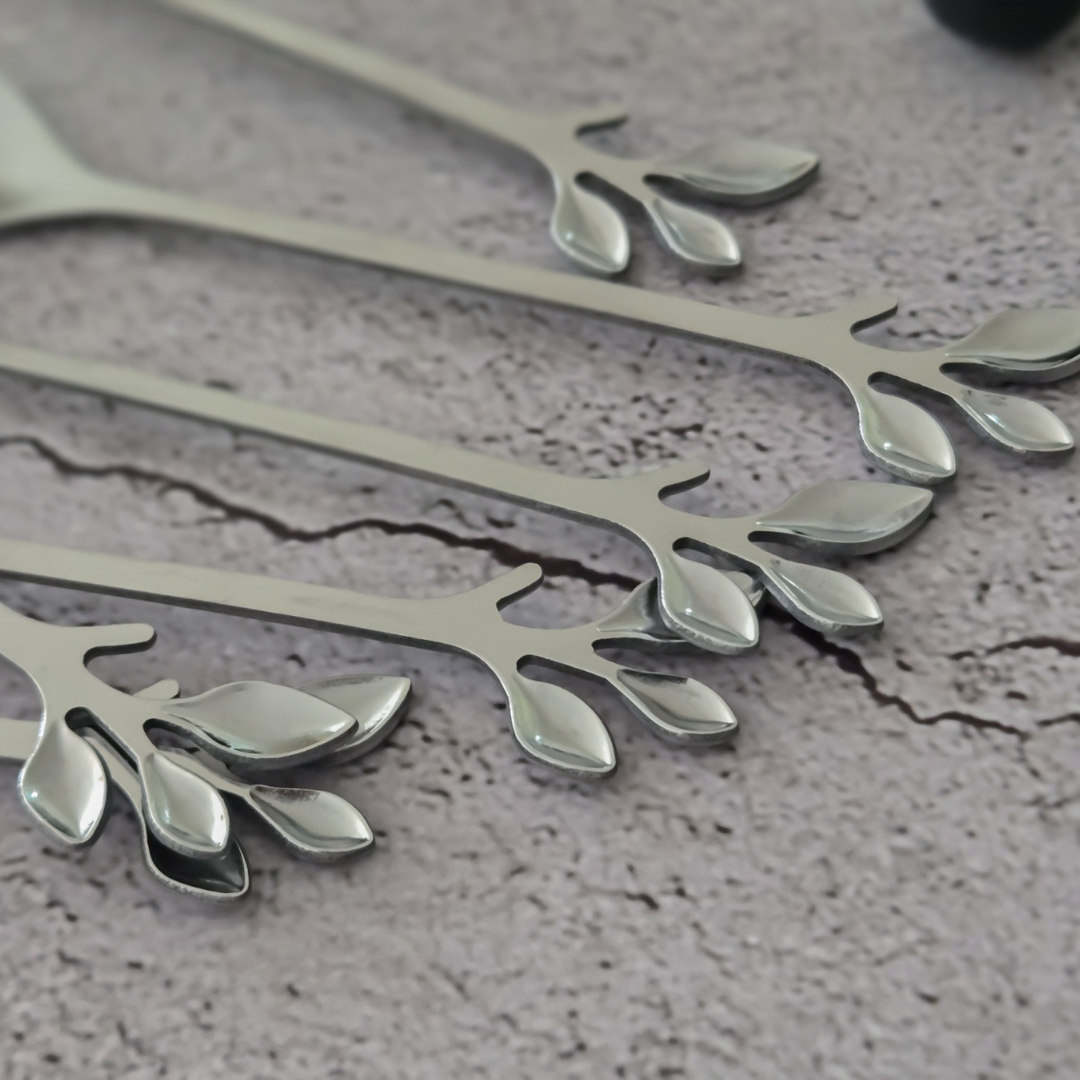 Luxury stainless steel leaf coffee spoon set with mirror finish for espresso, tea and everyday dining.