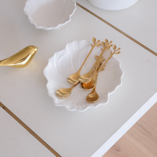Decorative floral leaf handle spoons in gold finish for desserts, coffee and ice cream