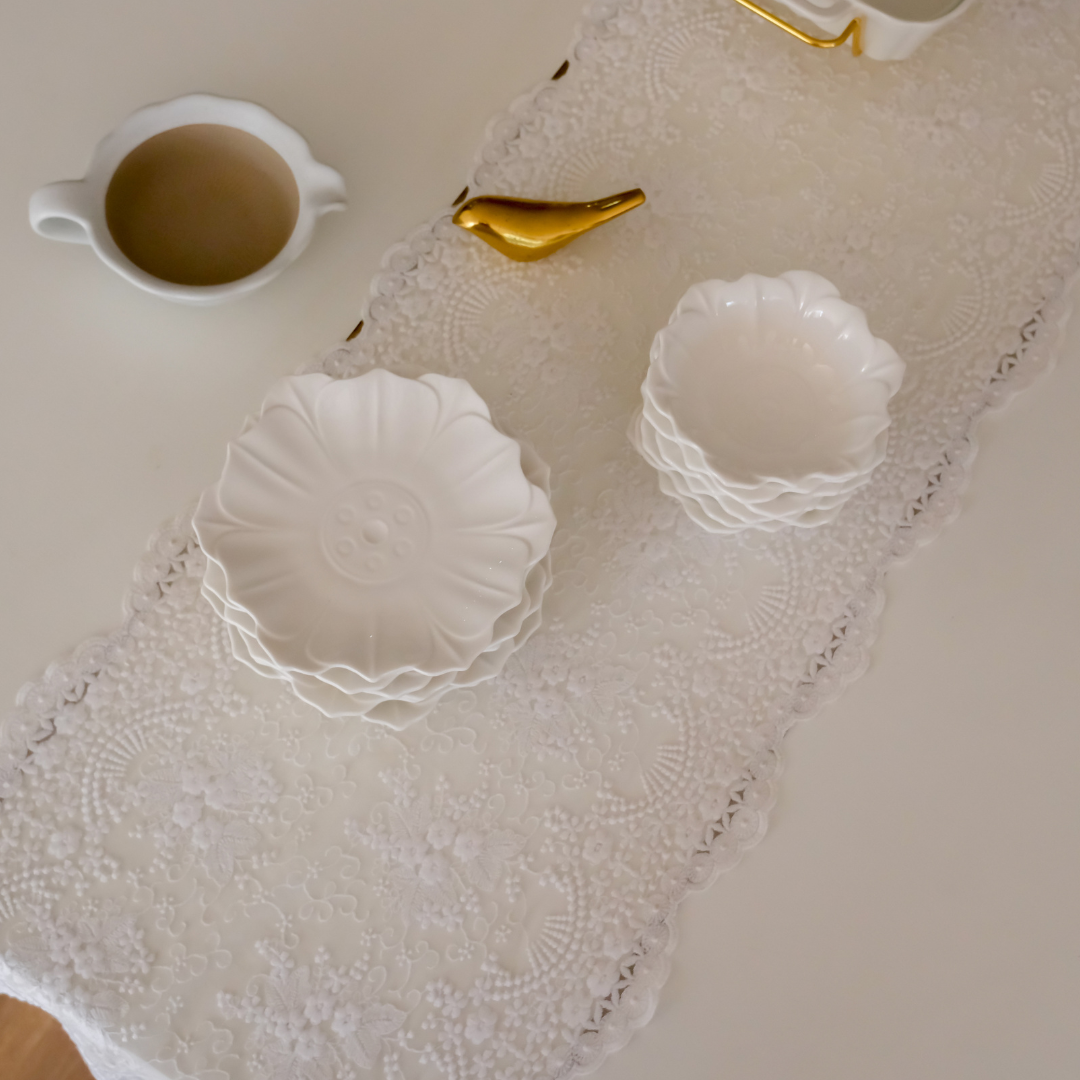 Dessert Bowl & Plate Set | Embossed Lotus Flower | Luxury Ceramic Porcelain