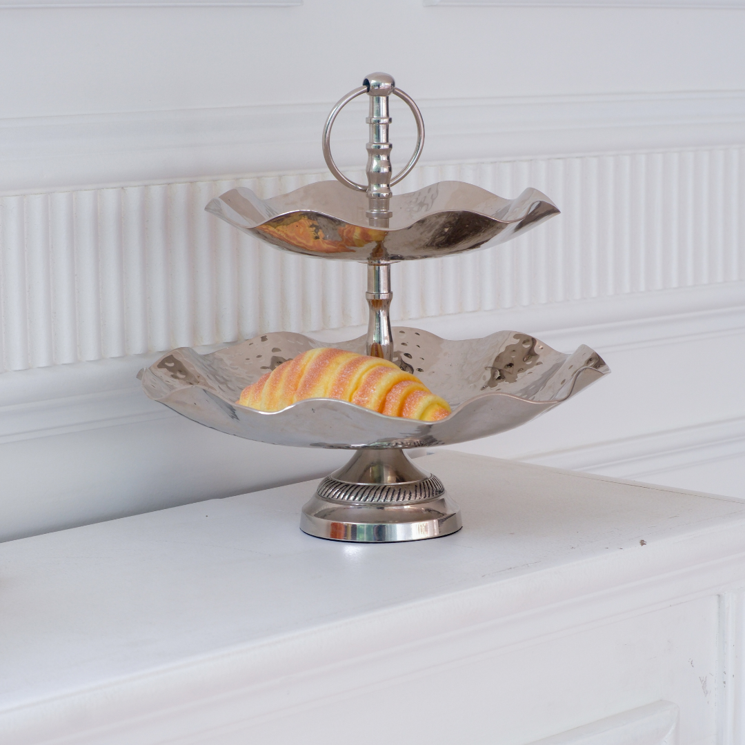 Elegant hammered silver serving stand for afternoon tea and celebrations.