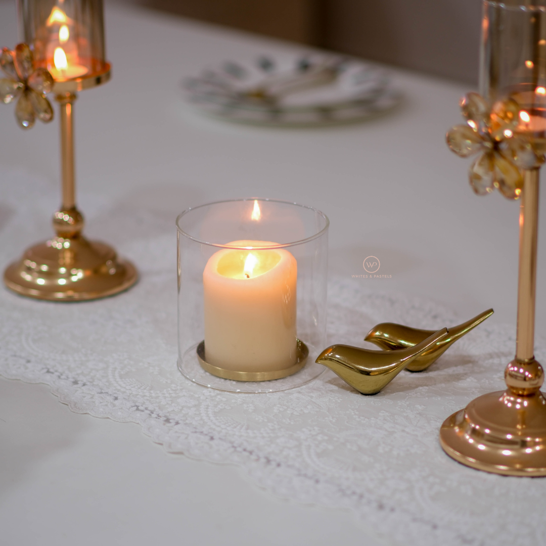 Elegant glass candle holder with gold metal base Dining Table