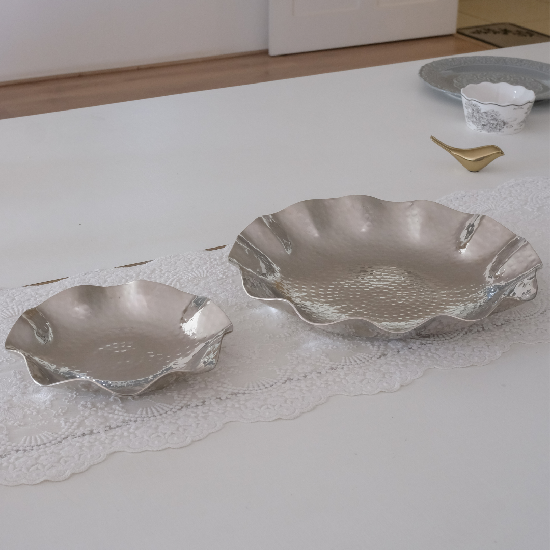 Whites & Pastels hammered silver serving tray set for elegant entertaining.