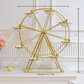 Gold metal ferris wheel candle holder with white bowls, shown on a white mantel with dimension lines indicating 15 inches wide and 20 inches tall, plus text reading Weight: 3.2 Kg.