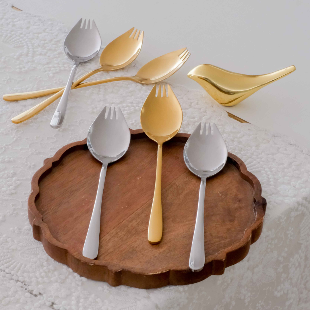 Premium gold and silver stainless steel spork set suitable for everyday dining and special occasions.