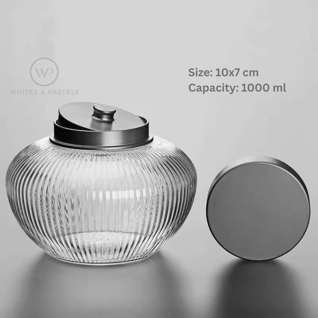 Glass kitchen storage jar with stylish metal lid – 10x7 cm